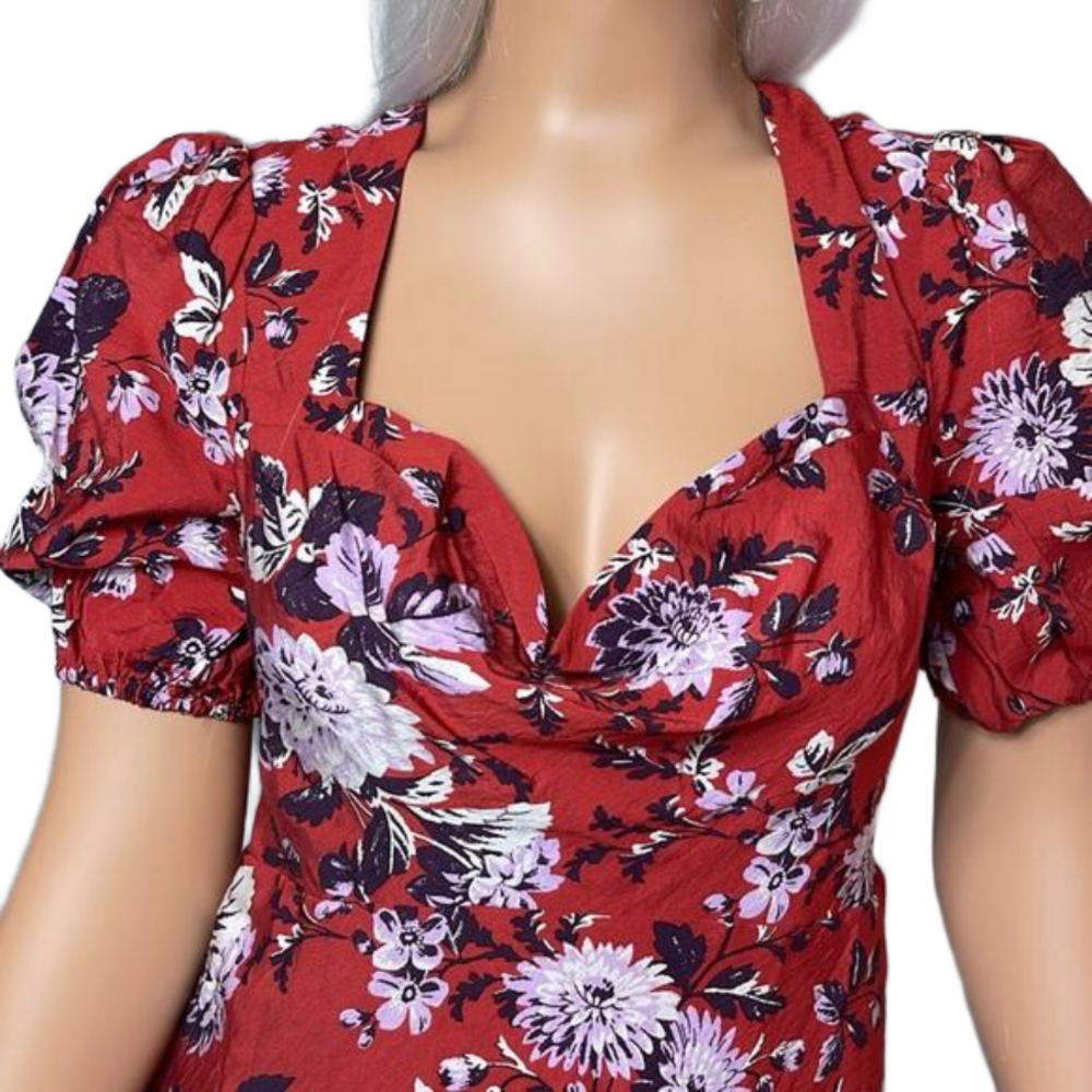 Maeve Anthropologie Red Floral Puff Sleeve Midi Dress 6P Petite High-Low - Picture 7 of 17